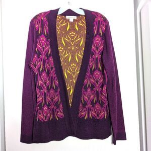 Coldwater Creek Silk Cotton blend abstract art purple yellow cardigan sweater M